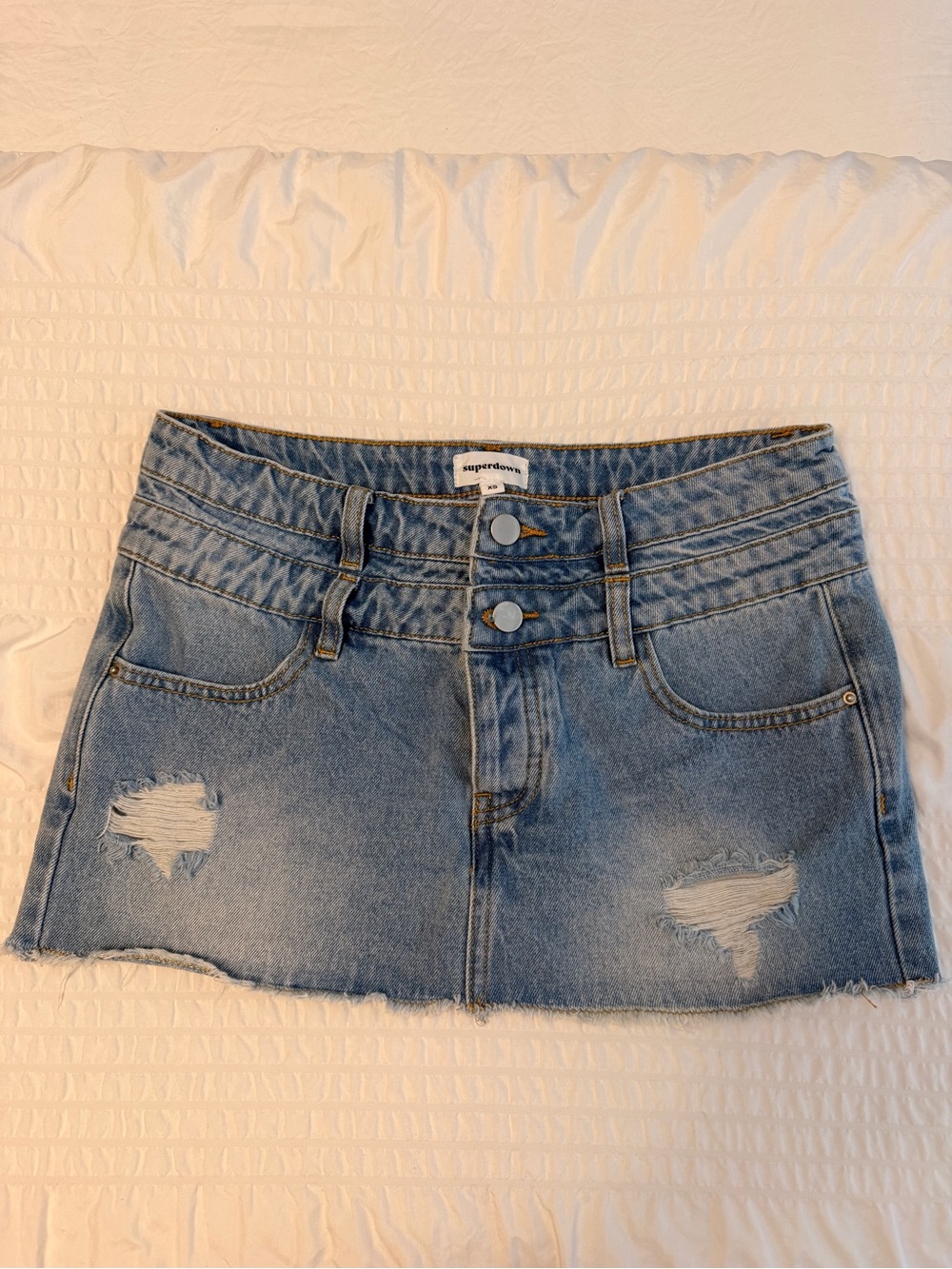 superdown Faded Blue Distressed Denim Mini Skirt